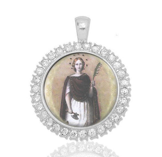 St. Engracia Grace Gracia Catholic Medal. Religious Zaida of Lerida Pendant Silver Tone with Rhinestones Jewelry for Necklace