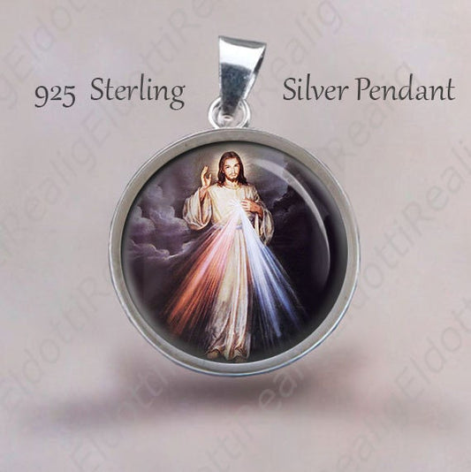 Divine Mercy of Jesus Religious Christian Pendant. Sterling Silver 925 Medal 20mm. Religious Christian Jewelry Jesus Christ Medal
