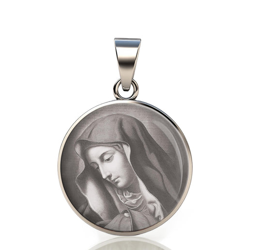 Our Lady Our Lady Of Sorrows Black And White 925 Sterling Silver Round Pendant Christian Religious Medal Small 20mm