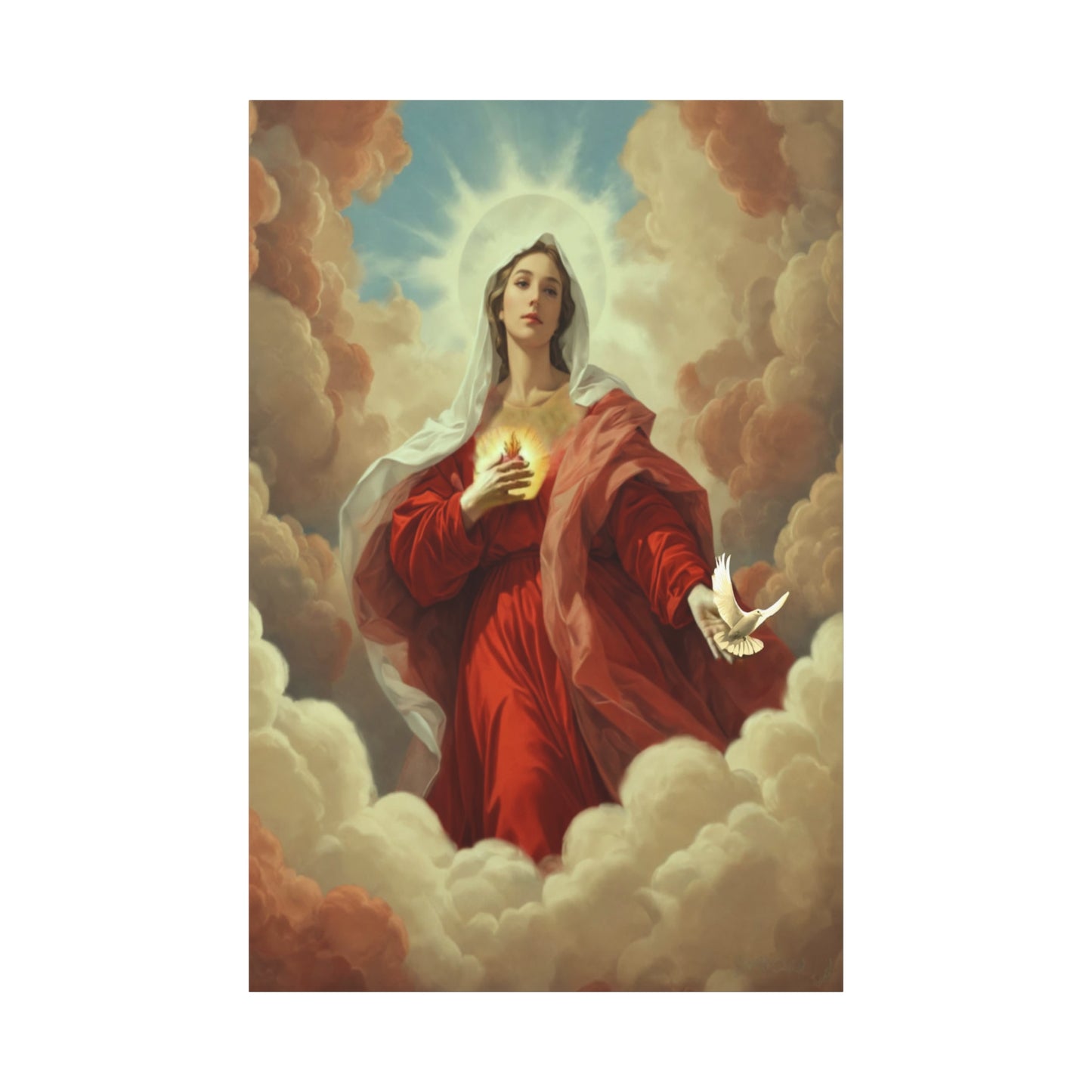Mother Mary with Dove Heaven Catholic Canvas Wall Art, Christian Decor
