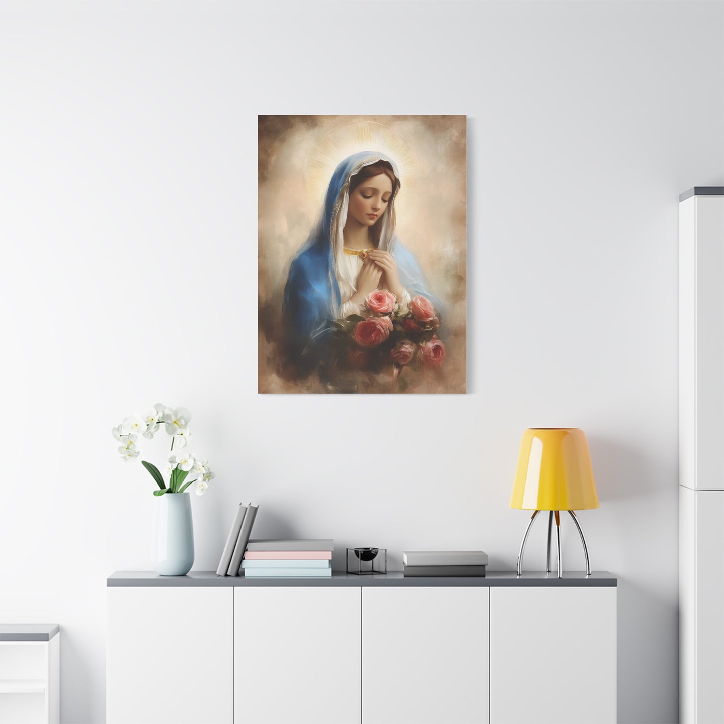 Mother Mary with Roses Catholic Canvas Wall Art, Christian Decor
