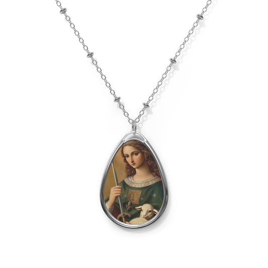 St Agnes Necklace Drop Oval Pendant Silver Tone Medal