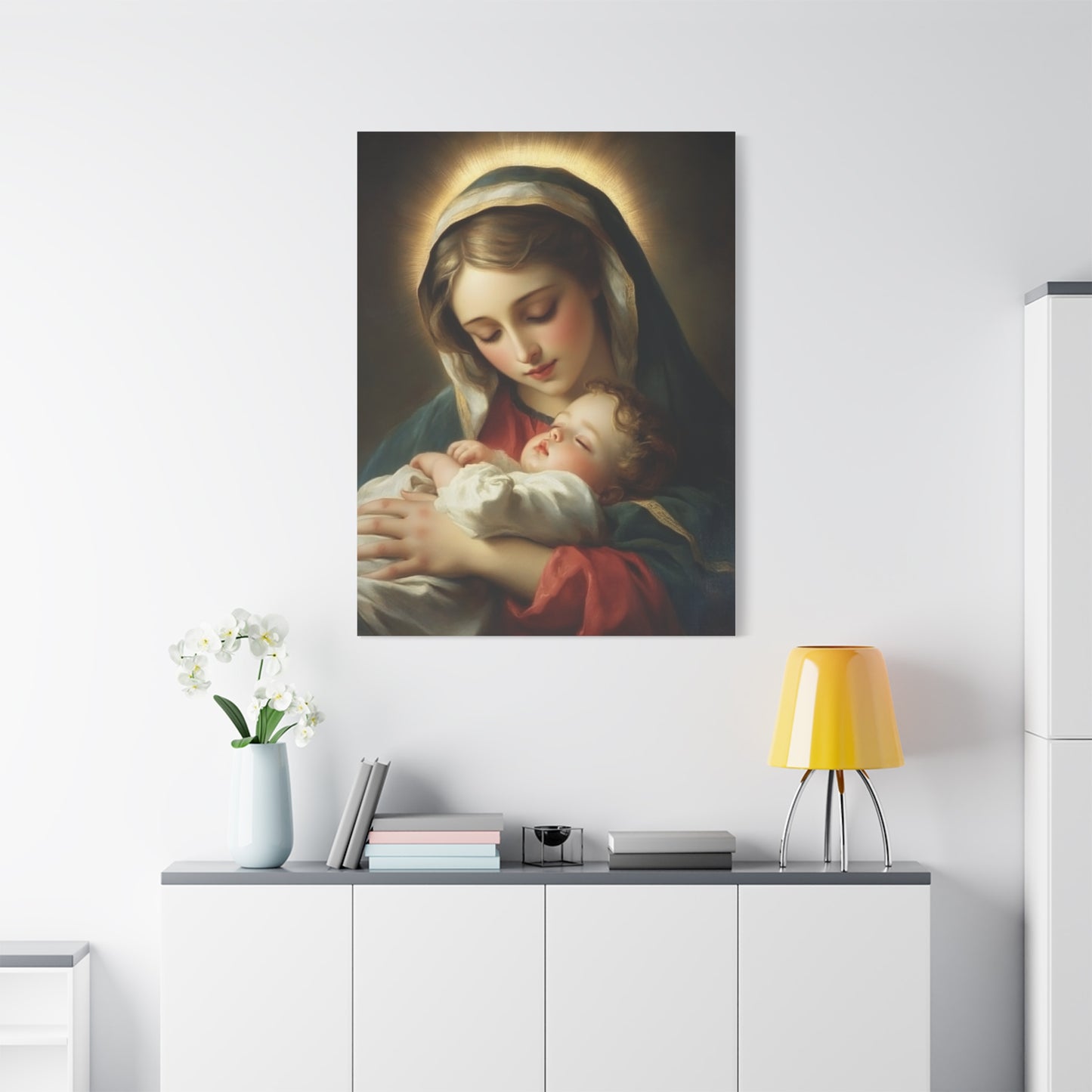 Mary and Sleeping Baby Jesus Catholic Canvas Wall Art, Christian Decor