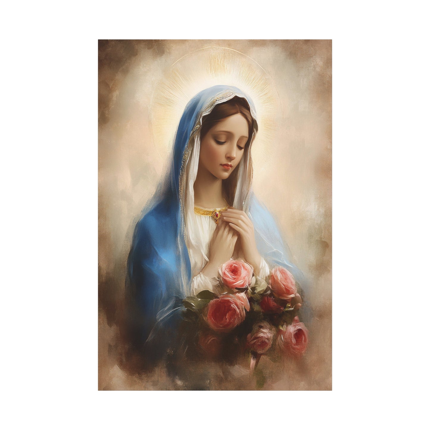 Mother Mary with Roses Catholic Canvas Wall Art, Christian Decor