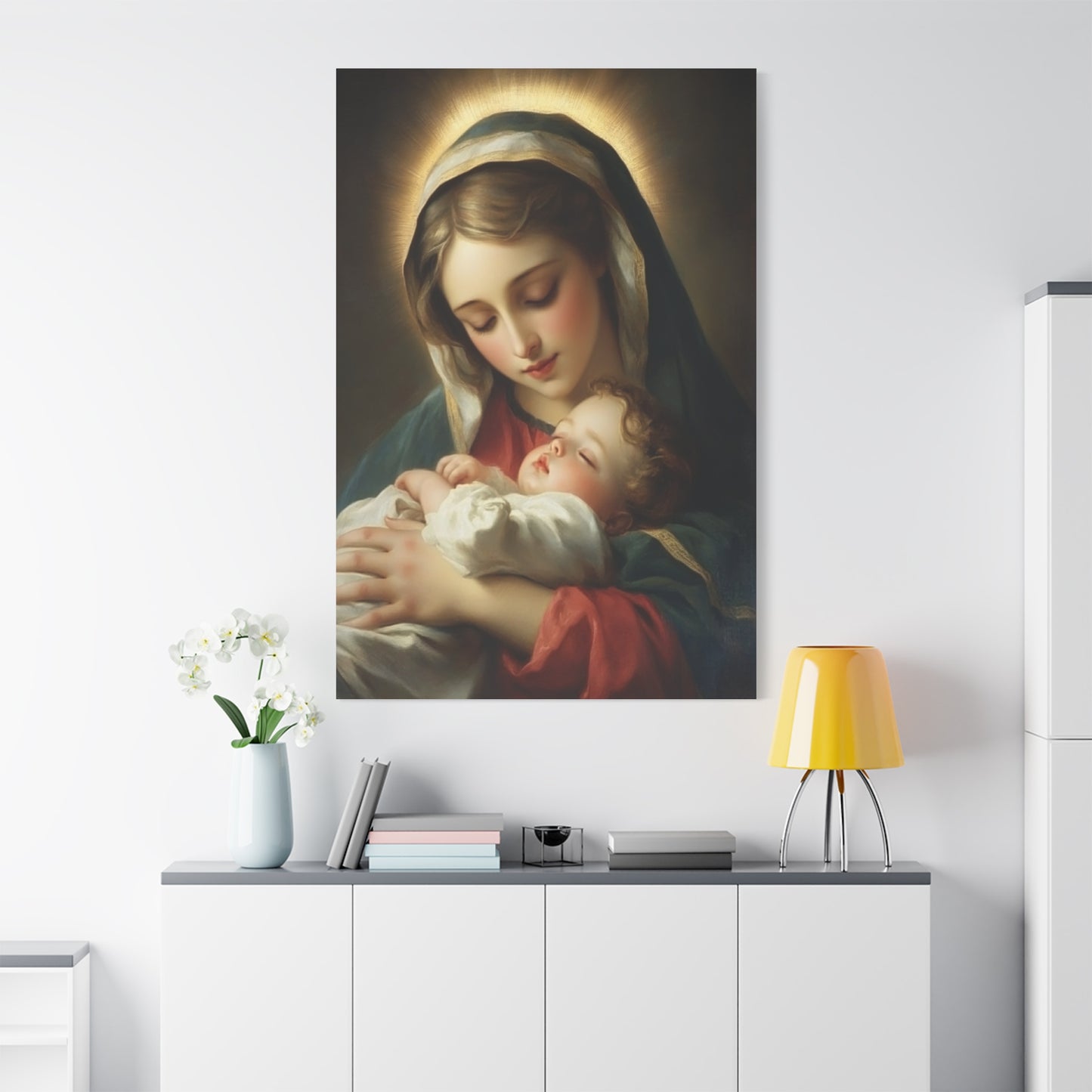 Mary and Sleeping Baby Jesus Catholic Canvas Wall Art, Christian Decor