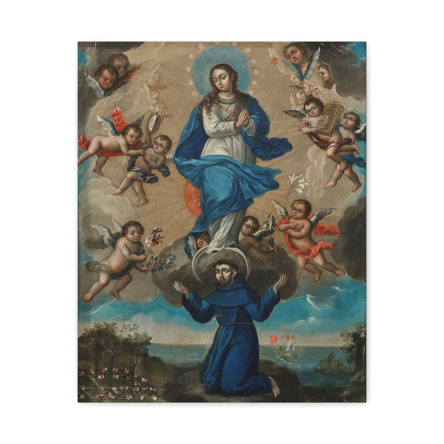 Immaculate Conception with Saint Francis and Angels Catholic HQ Print on Canvas Ready To Hang - Virgin Mary Canvas