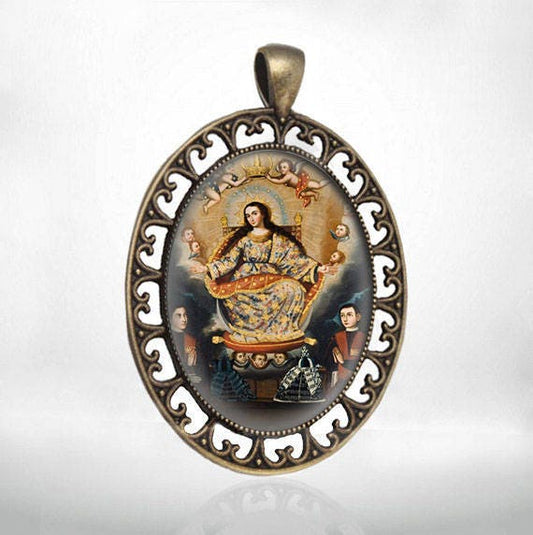 Holy Queen Virgin Mary Mother of God Medal Bronze Tone Catholic Christian Jewelry Oval Pendant
