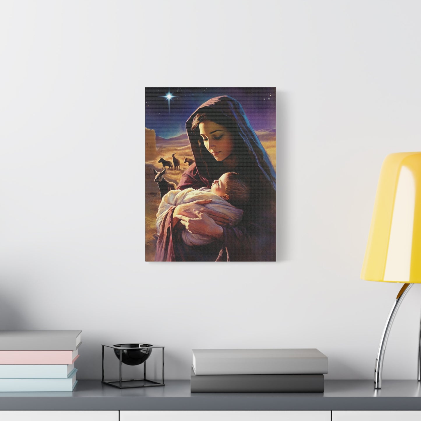 Mother Mary and Newborn Jesus Nativity Star Catholic Canvas Wall Art, Christian Decor