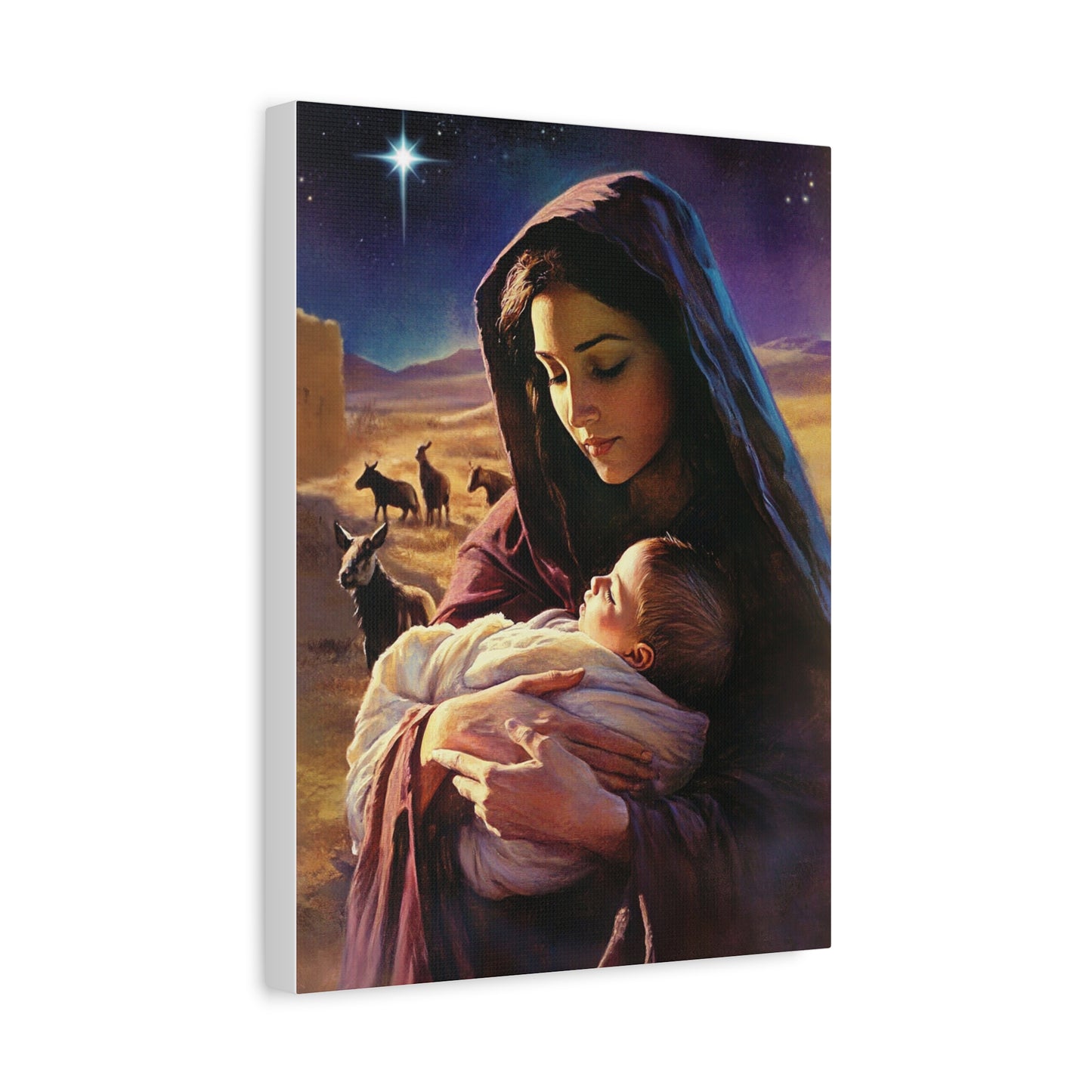 Mother Mary and Newborn Jesus Nativity Star Catholic Canvas Wall Art, Christian Decor
