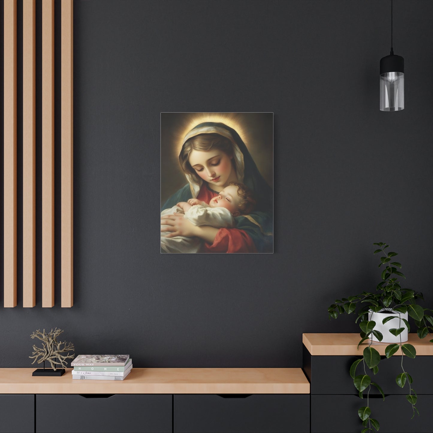 Mary and Sleeping Baby Jesus Catholic Canvas Wall Art, Christian Decor
