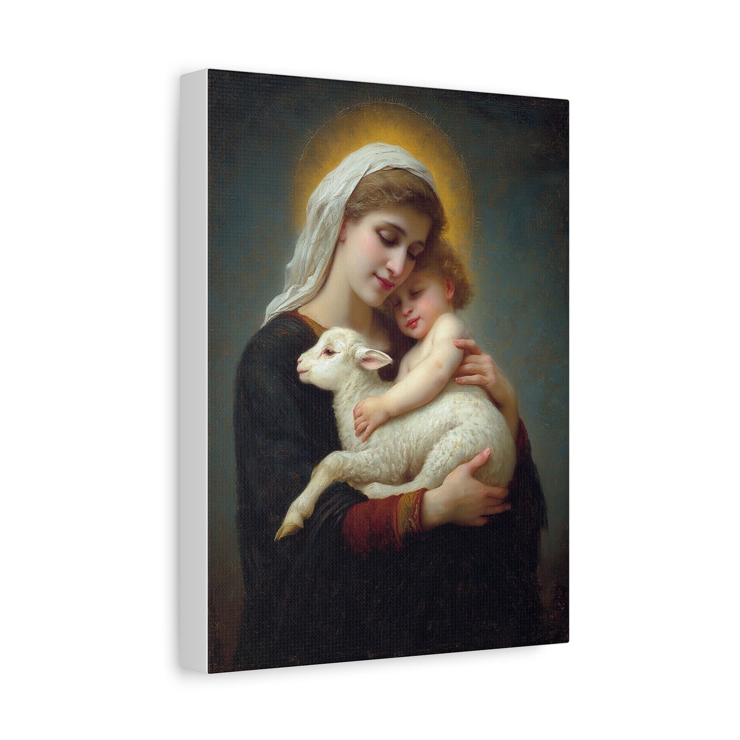 Mother Mary with Baby Jesus and Lamb Catholic Canvas Wall Art, Christian Decor