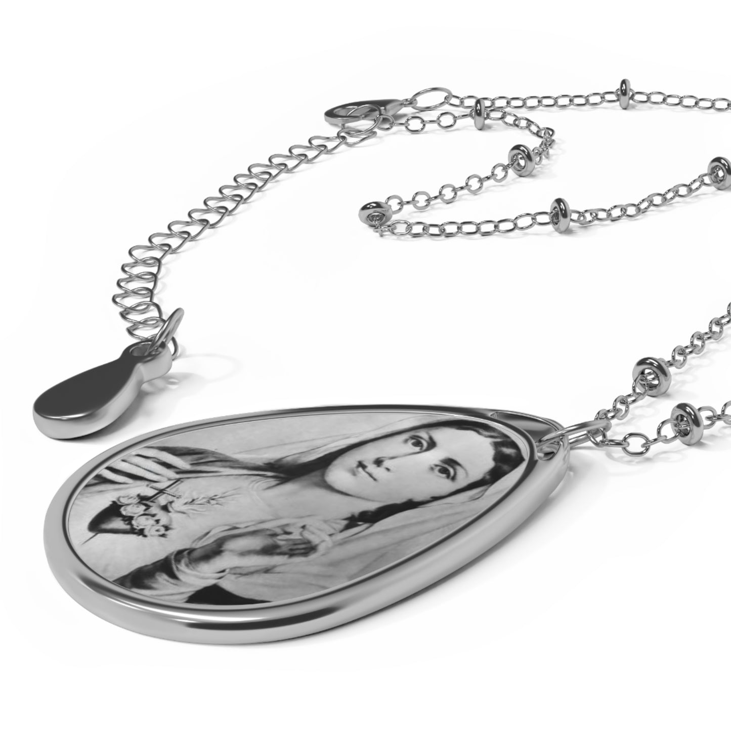 Immaculate Heart Our Lady Catholic Necklace - Drop Pendant Silver tone Medal Black and White