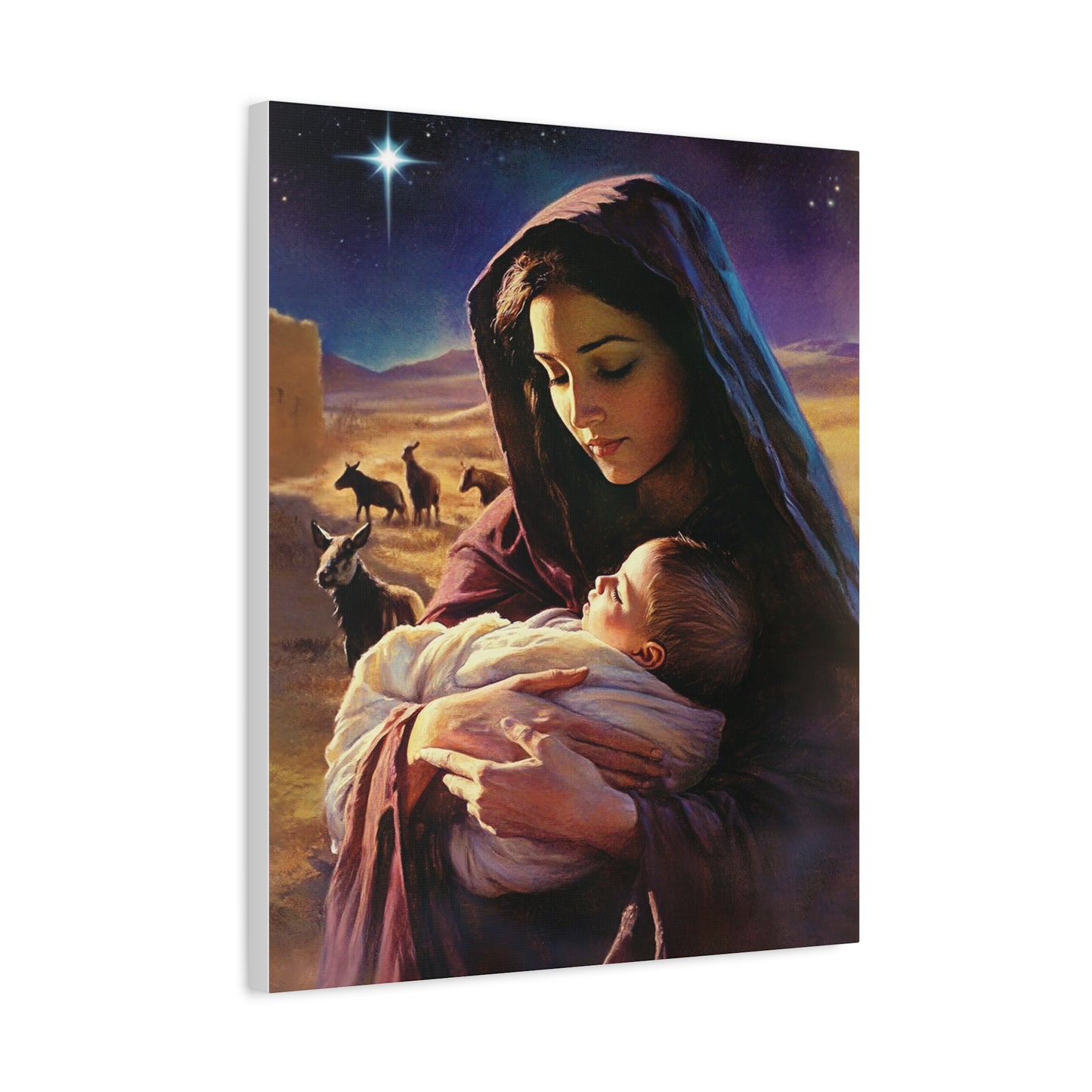 Mother Mary and Newborn Jesus Nativity Star Catholic Canvas Wall Art, Christian Decor