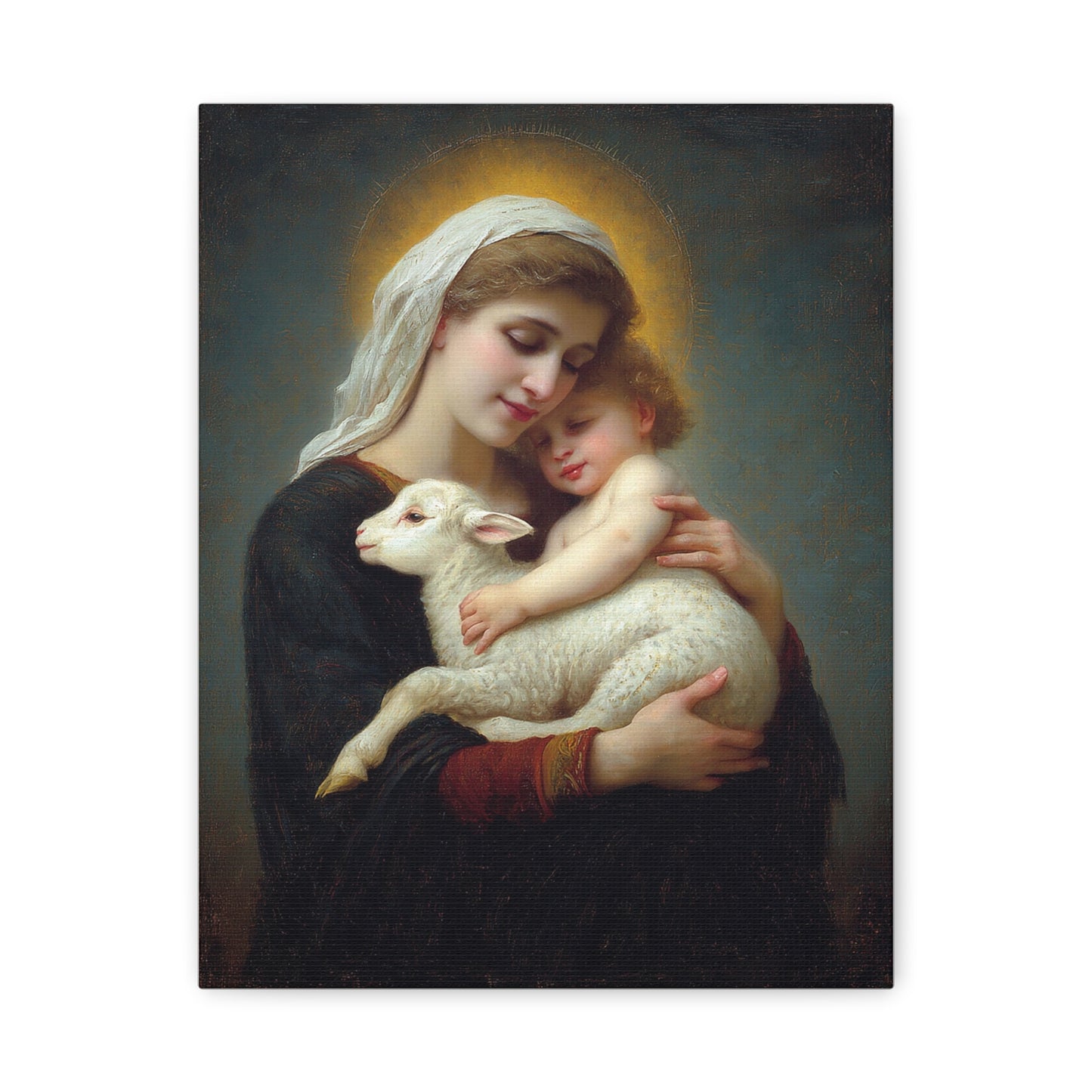 Mother Mary with Baby Jesus and Lamb Catholic Canvas Wall Art, Christian Decor