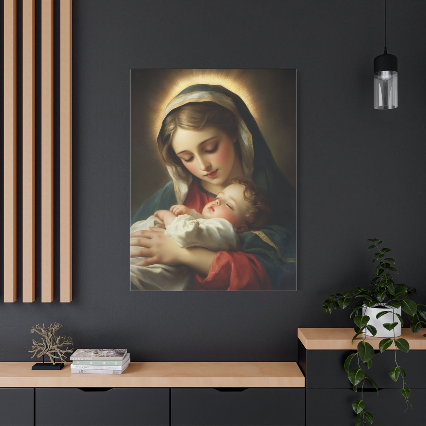 Mary and Sleeping Baby Jesus Catholic Canvas Wall Art, Christian Decor