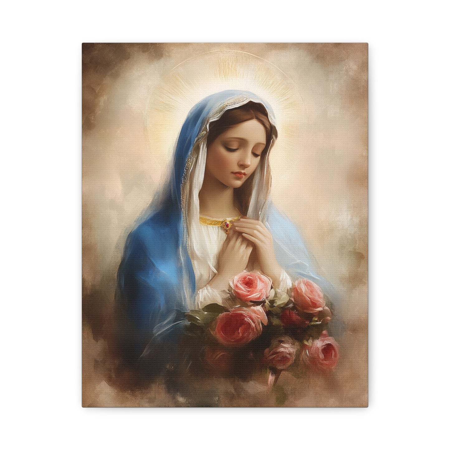 Mother Mary with Roses Catholic Canvas Wall Art, Christian Decor
