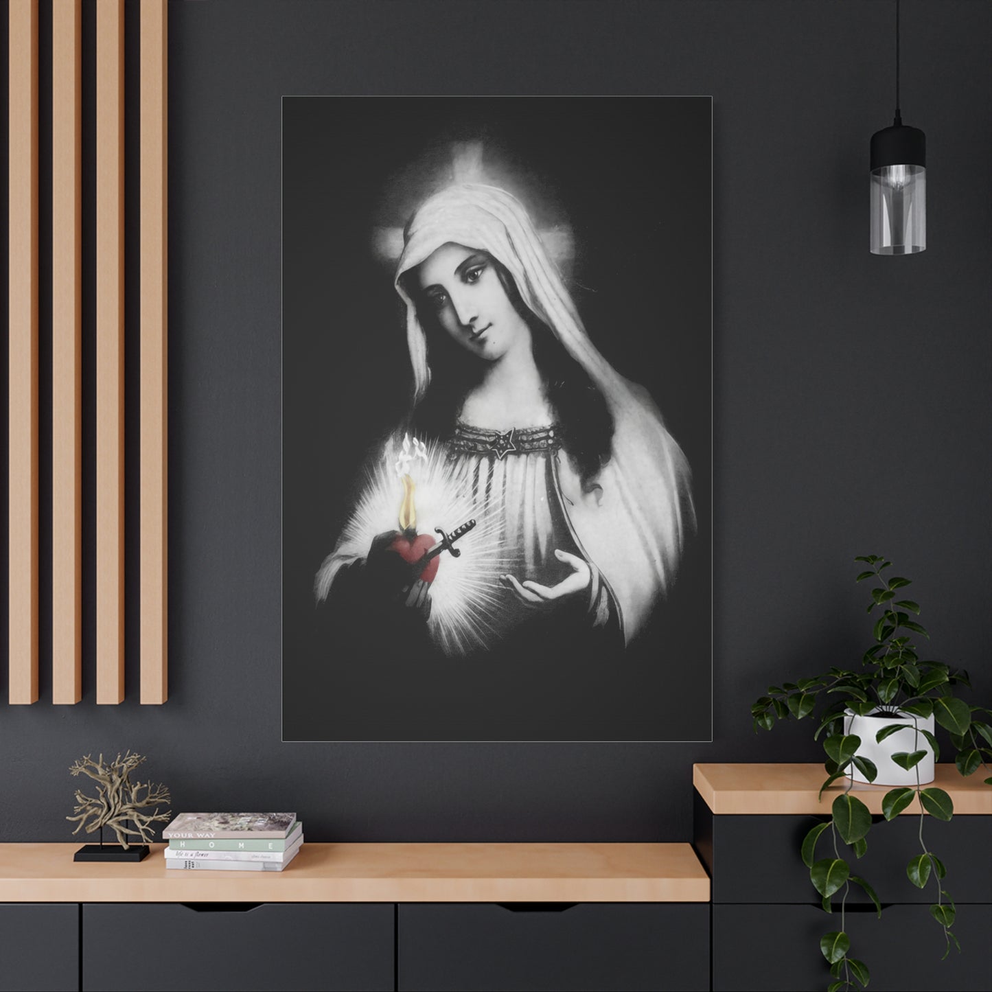 Ready To Hang - Mother Mary Immaculate Heart Catholic Sorrowful Mary Canvas Wall Art, Christian Decor Black and White