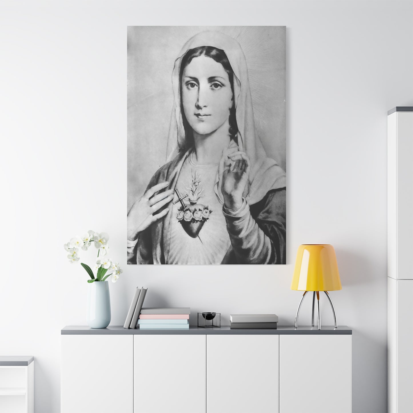Ready To Hang - Black and White Mother Mary Immaculate Heart Catholic Canvas Wall Art, Christian Decor