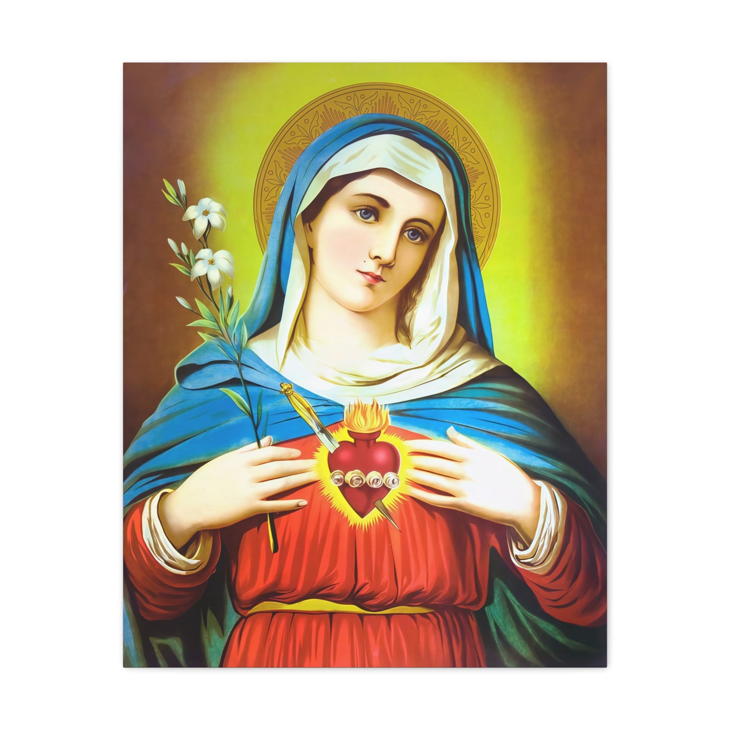Ready To Hang - Mother Mary Immaculate Heart and Lilies Catholic Canvas Wall Art, Christian Decor