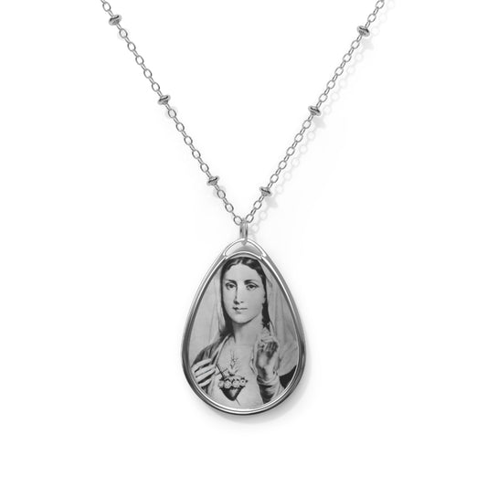 Immaculate Heart Our Lady Catholic Necklace - Drop Pendant Silver tone Medal Black and White