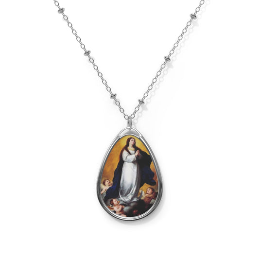 Oval Necklace, Catholic Jewelry, Immaculate Conception Medal Pendant, Our Lady Drop Necklace, Religious Gift
