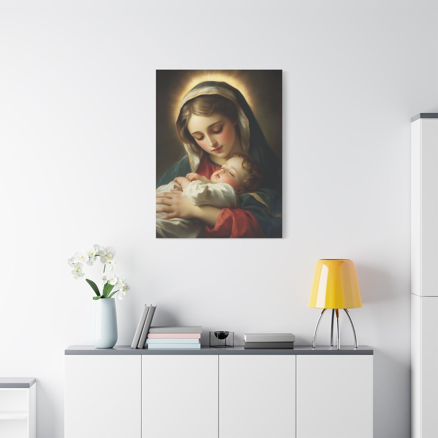 Mary and Sleeping Baby Jesus Catholic Canvas Wall Art, Christian Decor