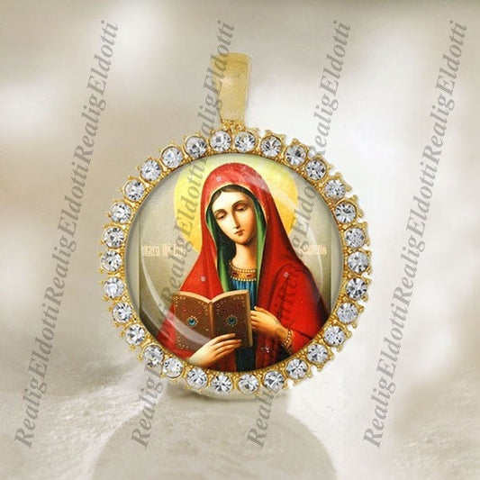 Our Blessed Mother Virgin Mary Reading Book Christian Catholic Gold Tone Medal Pendant Jewelry