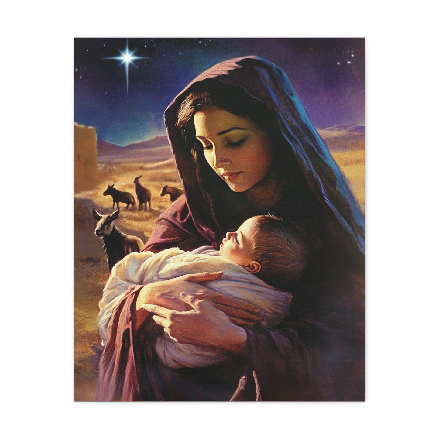 Mother Mary and Newborn Jesus Nativity Star Catholic Canvas Wall Art, Christian Decor