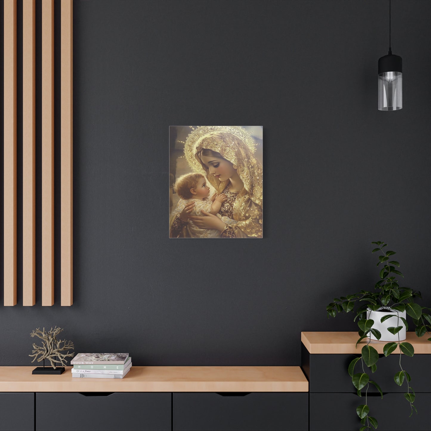 Mary and Baby in Gold Catholic Canvas Wall Art, Christian Decor