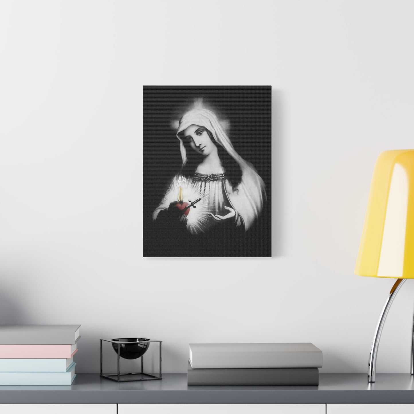 Ready To Hang - Mother Mary Immaculate Heart Catholic Sorrowful Mary Canvas Wall Art, Christian Decor Black and White