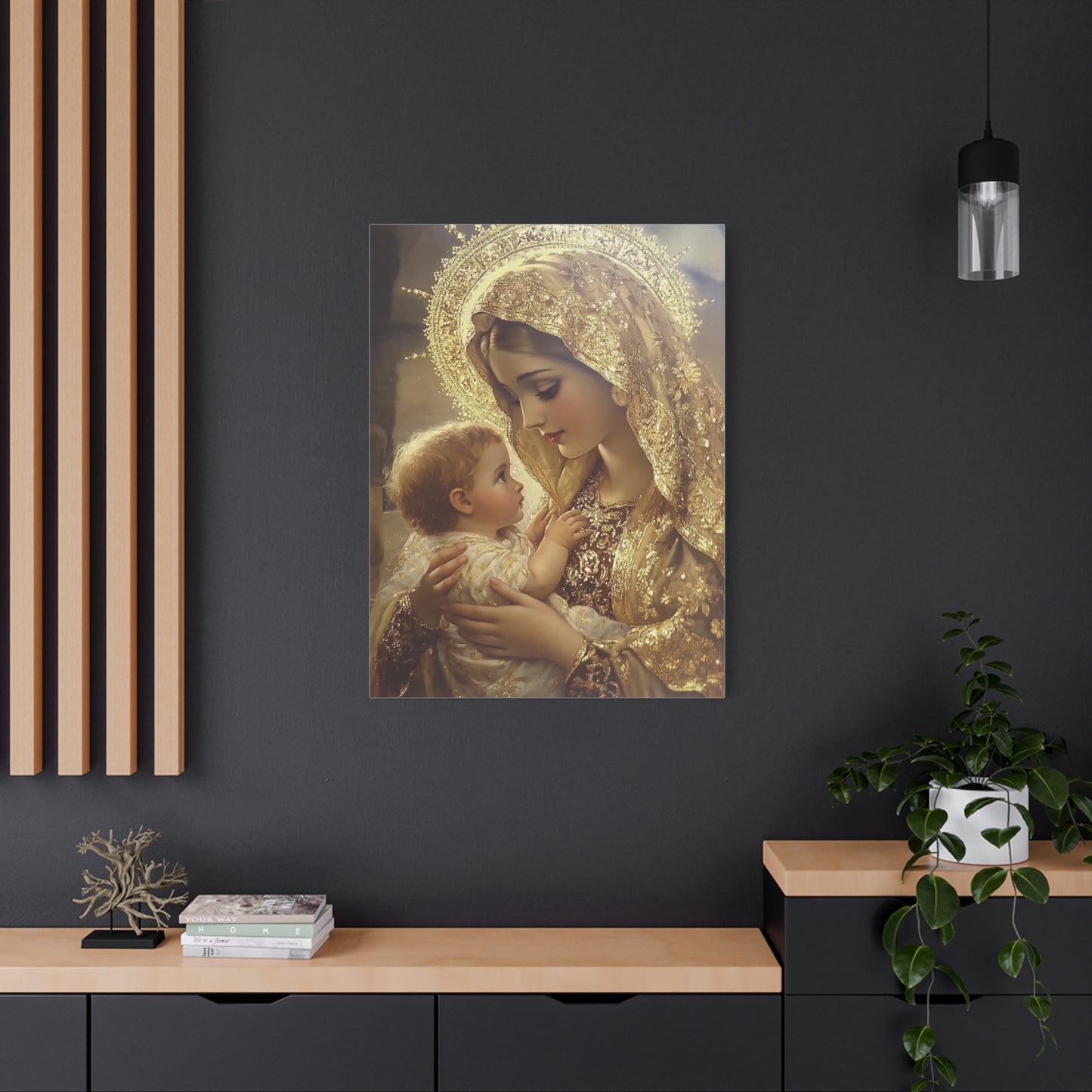 Mary and Baby in Gold Catholic Canvas Wall Art, Christian Decor