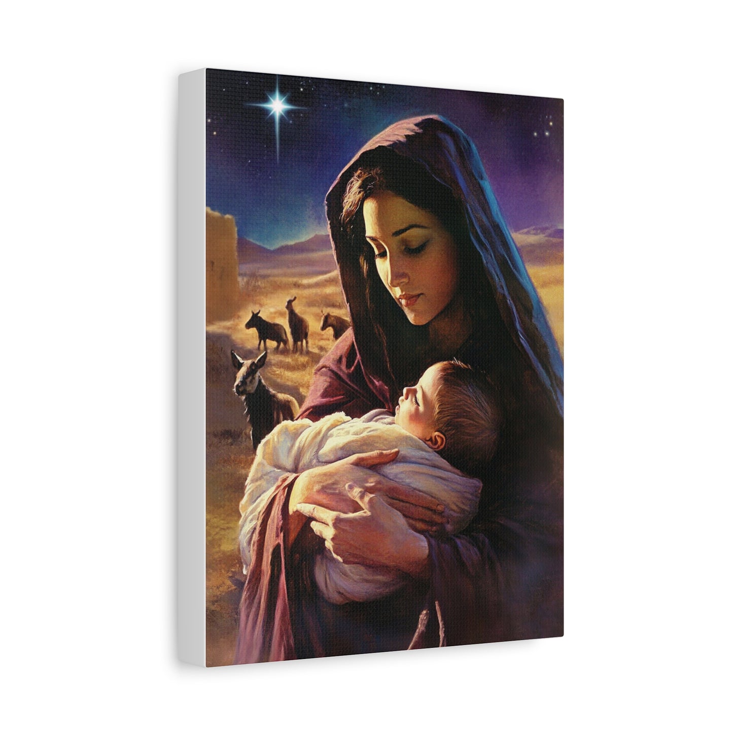 Mother Mary and Newborn Jesus Nativity Star Catholic Canvas Wall Art, Christian Decor