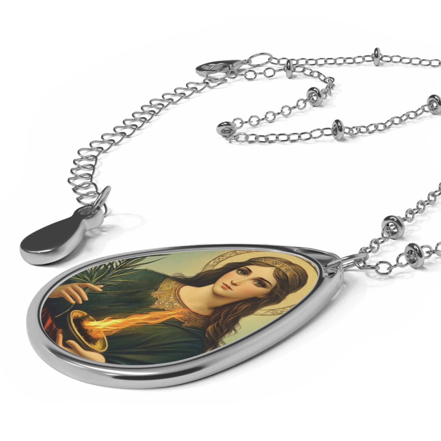 Saint Agatha Necklace Drop Oval Pendant Silver Tone Medal