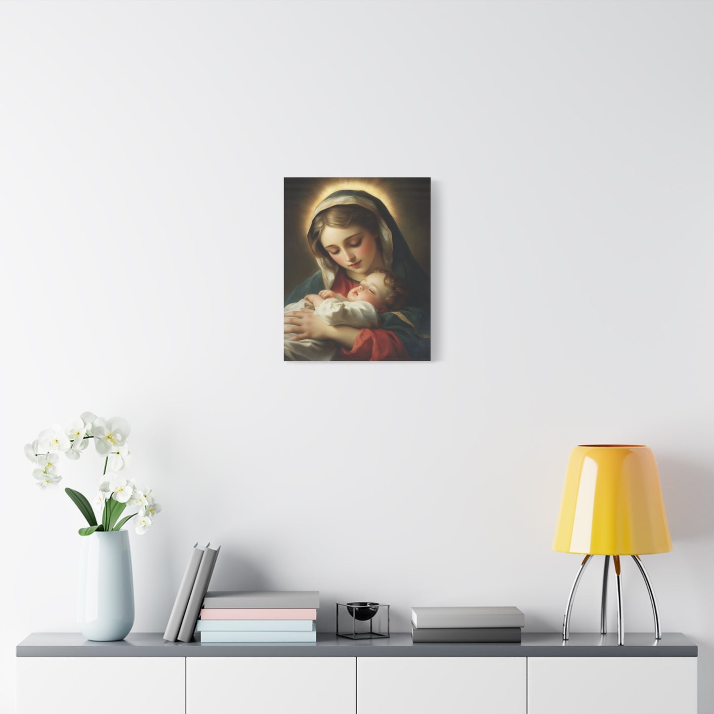 Mary and Sleeping Baby Jesus Catholic Canvas Wall Art, Christian Decor