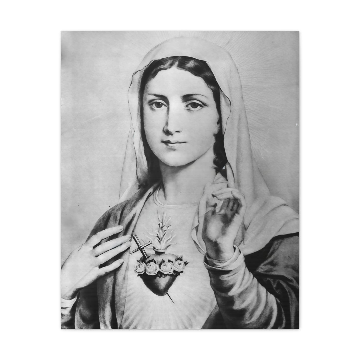Ready To Hang - Black and White Mother Mary Immaculate Heart Catholic Canvas Wall Art, Christian Decor