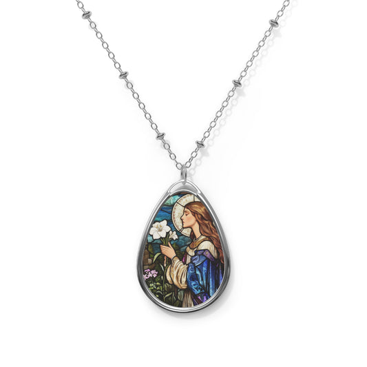 St Agnes Necklace Drop Oval Pendant Silver Tone Medal