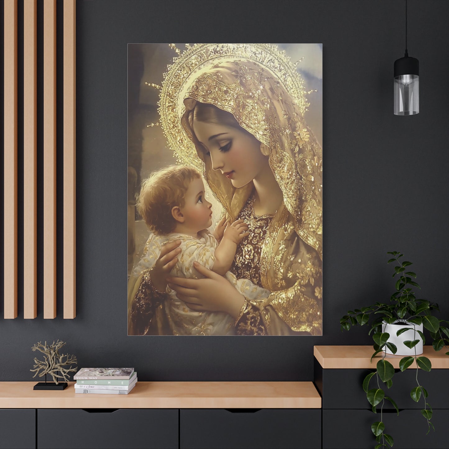 Mary and Baby in Gold Catholic Canvas Wall Art, Christian Decor