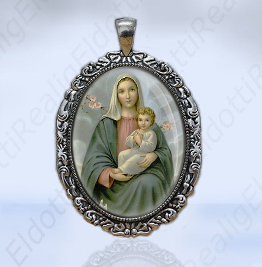 Virgin Mary with Child Jesus Catholic Christian Medal Silvertone Filigree Pendant Oval