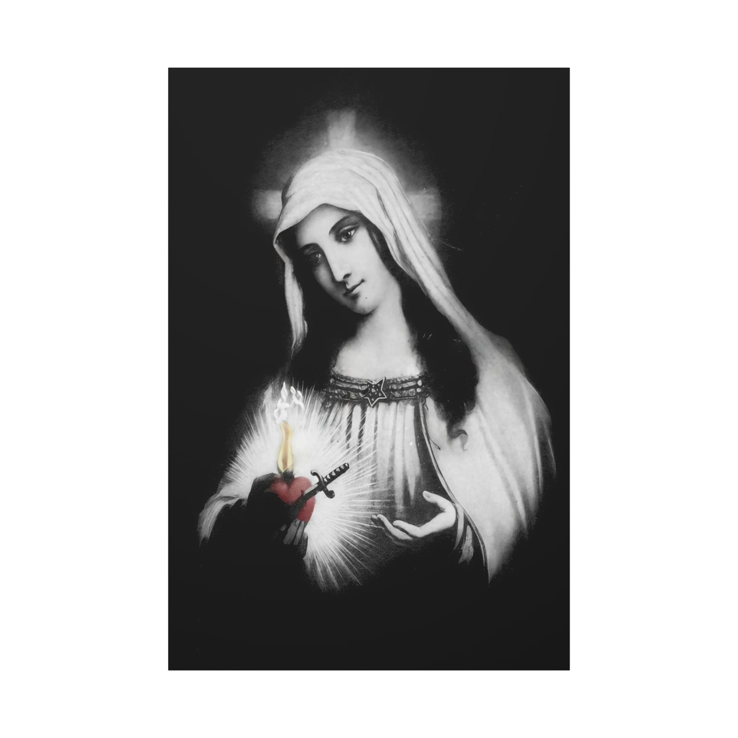 Ready To Hang - Mother Mary Immaculate Heart Catholic Sorrowful Mary Canvas Wall Art, Christian Decor Black and White