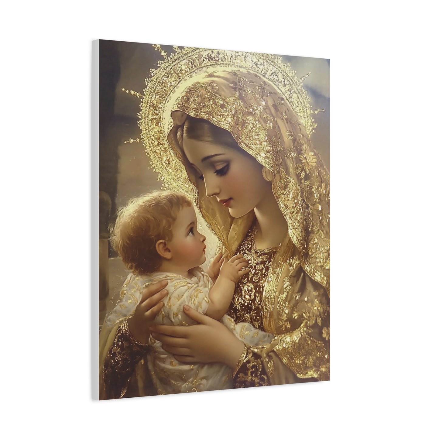 Mary and Baby in Gold Catholic Canvas Wall Art, Christian Decor