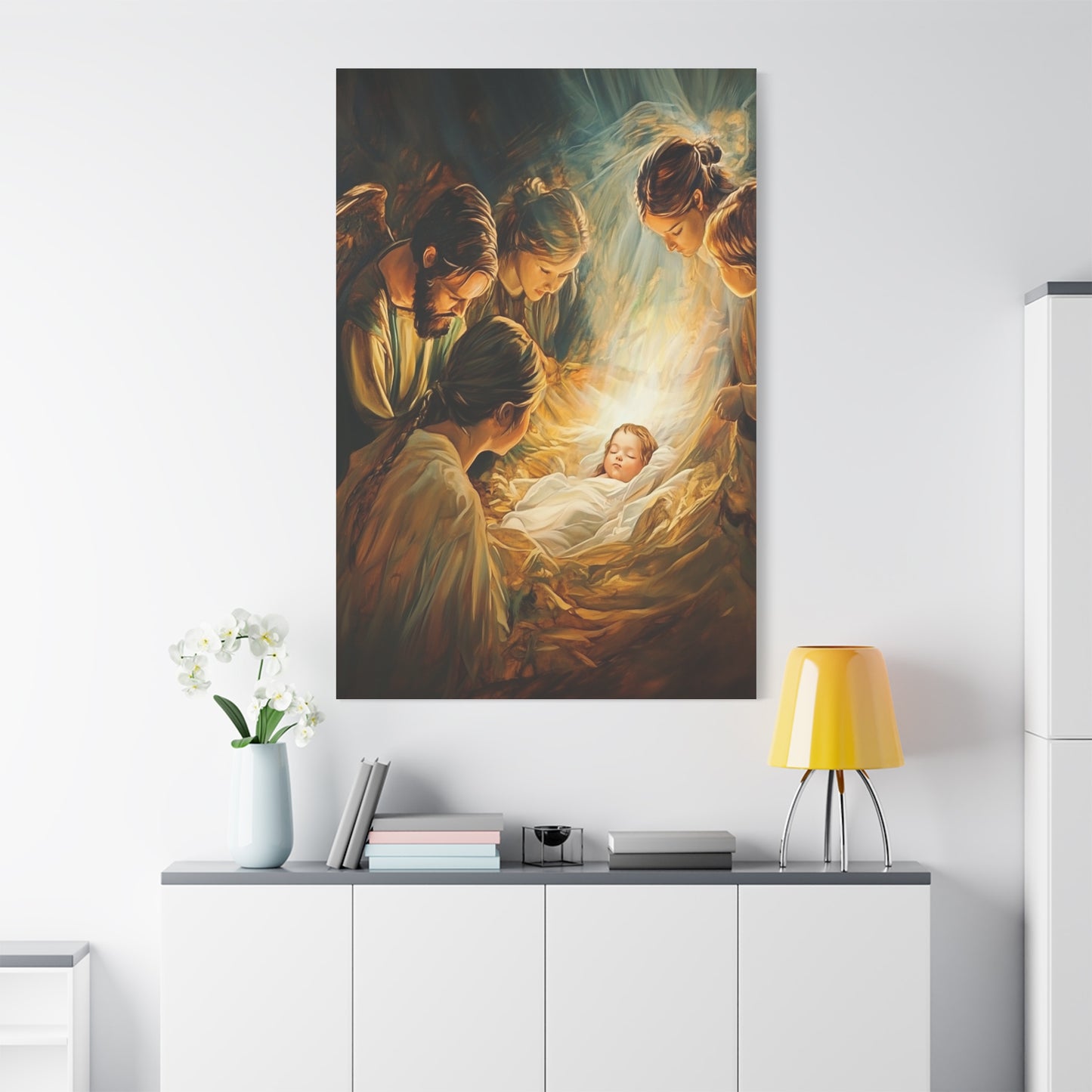 Jesus Nativity w Angels Catholic Canvas Wall Art, Christian Decor
