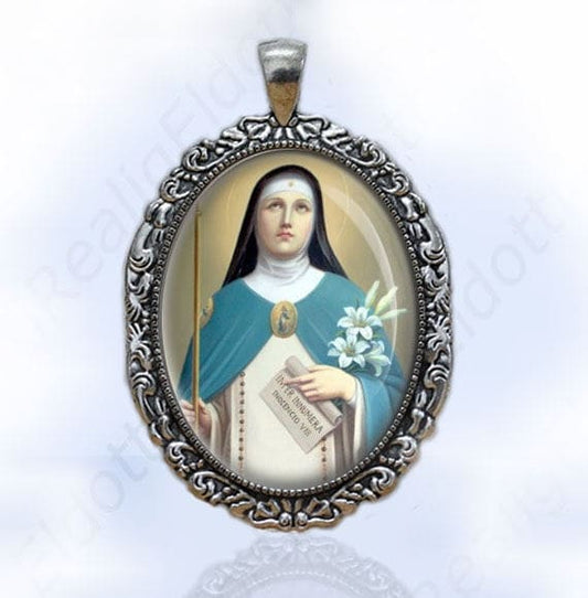 St. Angela of Foligno Silver Tone Medal Victorian Style Pendant Oval Jewelry for Necklace Charm