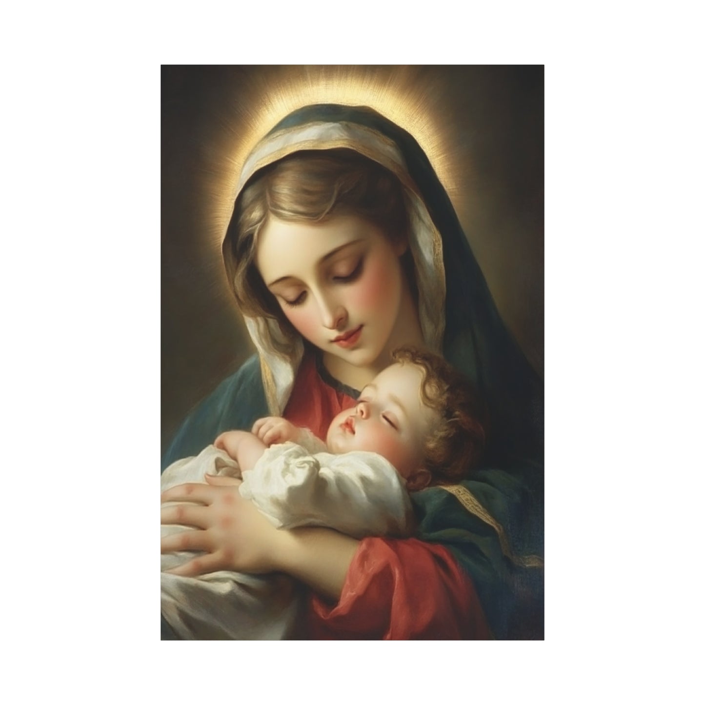 Mary and Sleeping Baby Jesus Catholic Canvas Wall Art, Christian Decor