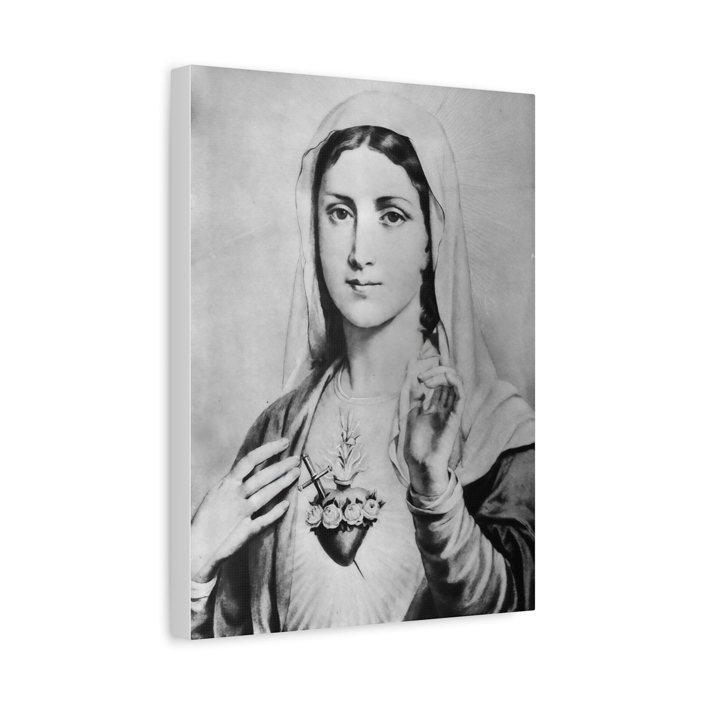 Ready To Hang - Black and White Mother Mary Immaculate Heart Catholic Canvas Wall Art, Christian Decor