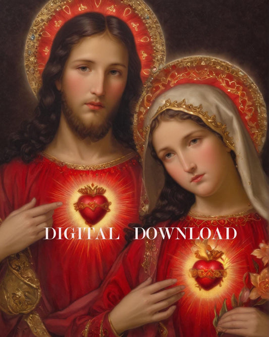Two Hearts Immaculate Mary and Sacred Jesus Religious Art Digital Image image 0