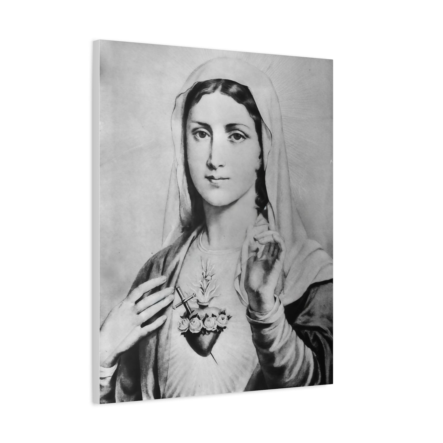 Ready To Hang - Black and White Mother Mary Immaculate Heart Catholic Canvas Wall Art, Christian Decor