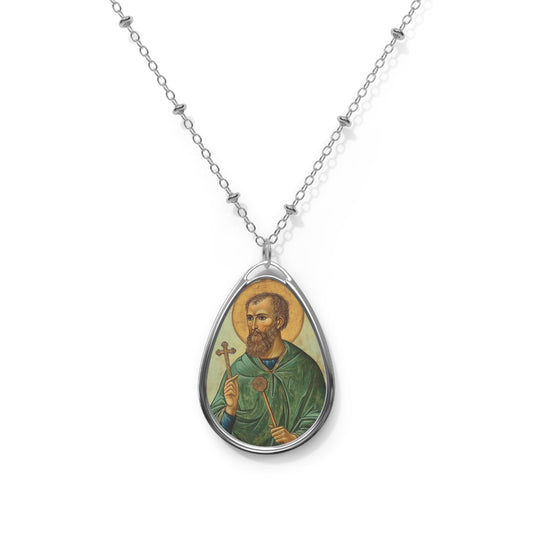 St Aidan Necklace Drop Oval Pendant Silver Tone Medal