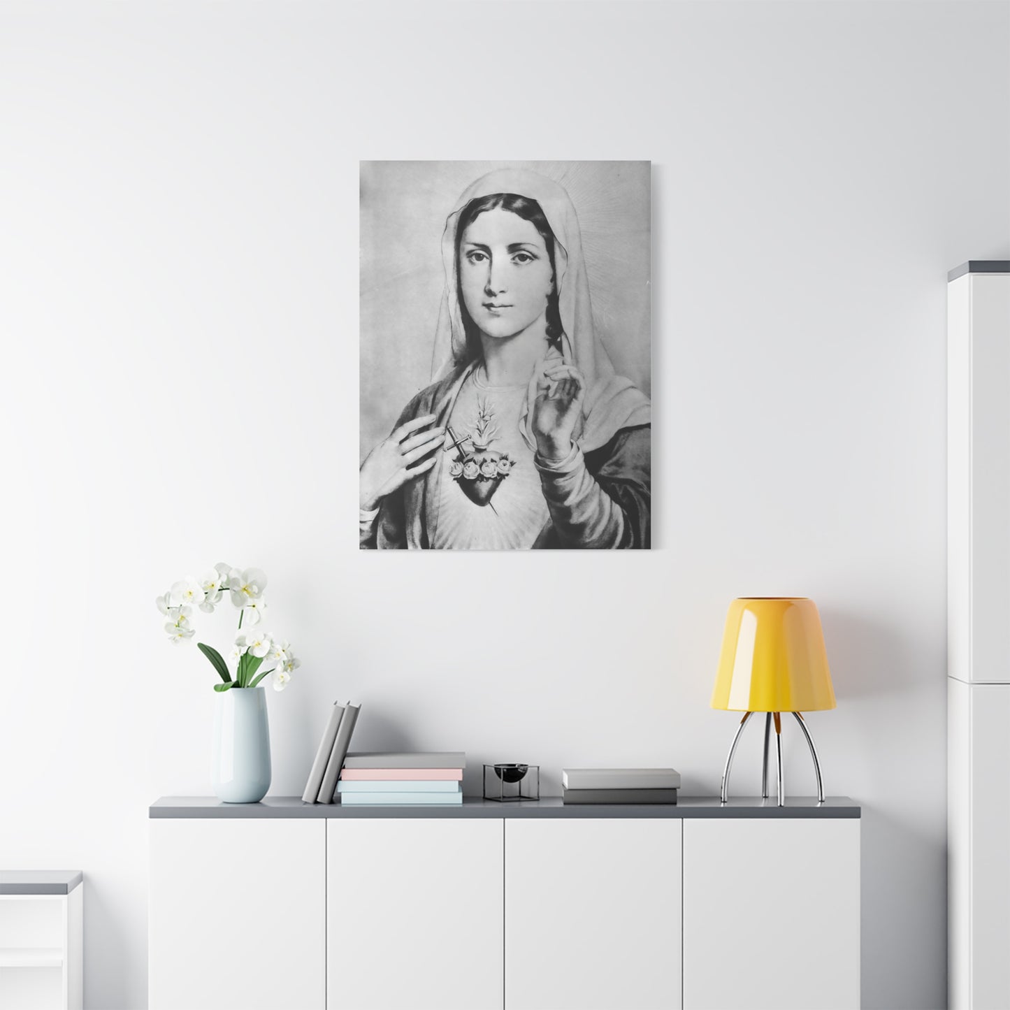 Ready To Hang - Black and White Mother Mary Immaculate Heart Catholic Canvas Wall Art, Christian Decor