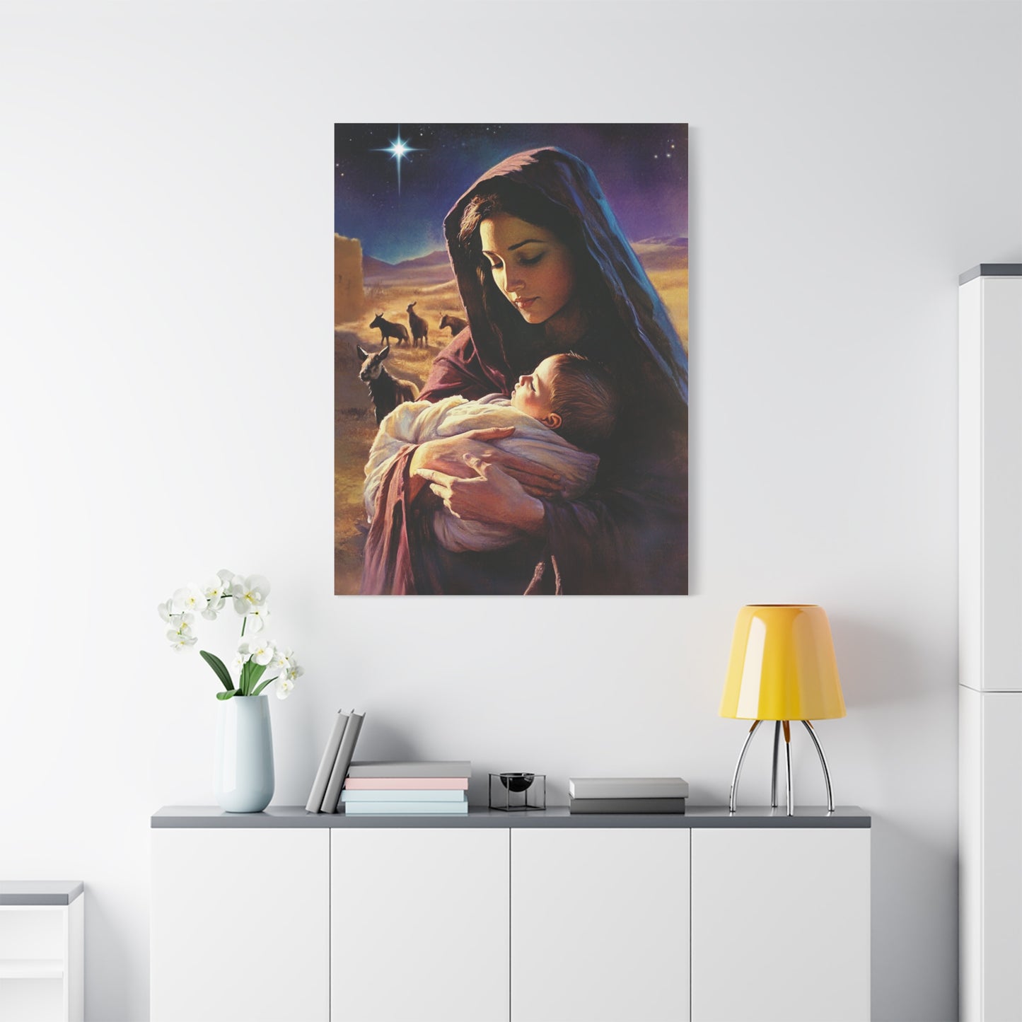 Mother Mary and Newborn Jesus Nativity Star Catholic Canvas Wall Art, Christian Decor
