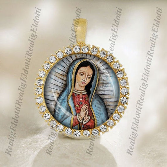 Our Lady of Guadalupe - Christian Catholic Medal Pendant / Charm Gold Tone Bezel 1 inch / 25mm